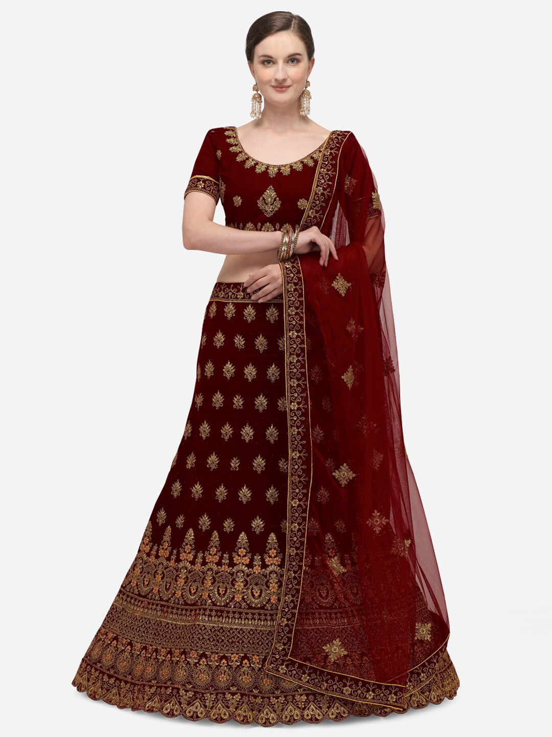 

Netram Maroon & Gold-Toned Embroidered Semi-Stitched Lehenga & Unstitched Blouse with Dupatta