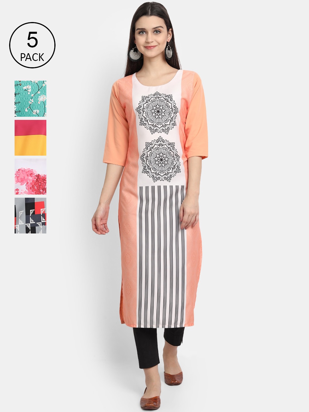 

Ethnic basket Women Pack Of 5 Ethnic Motifs Printed Crepe Kurta, Multi