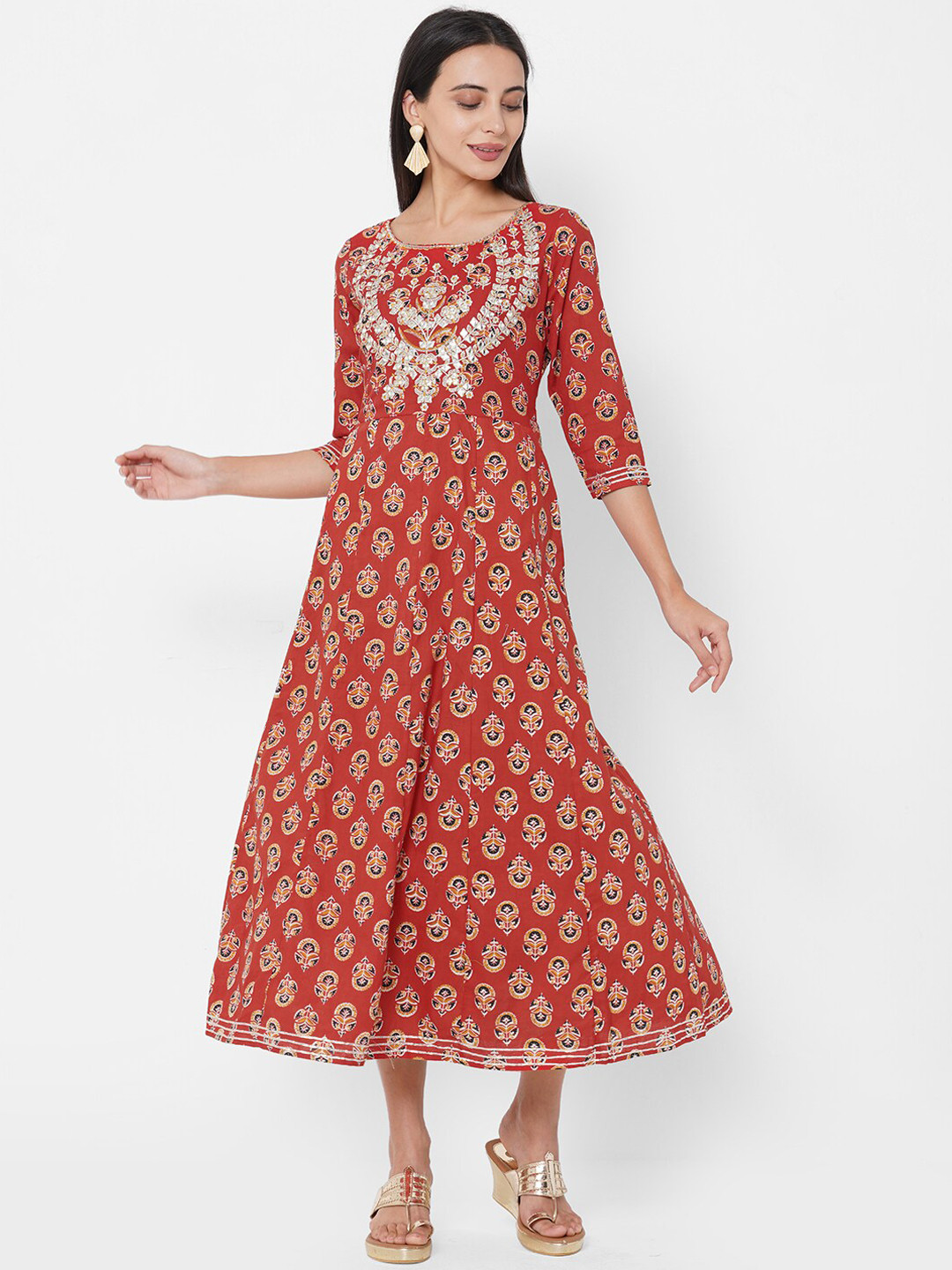 

FASHOR Red & Navy blue Embroidered A-Line Midi Dress