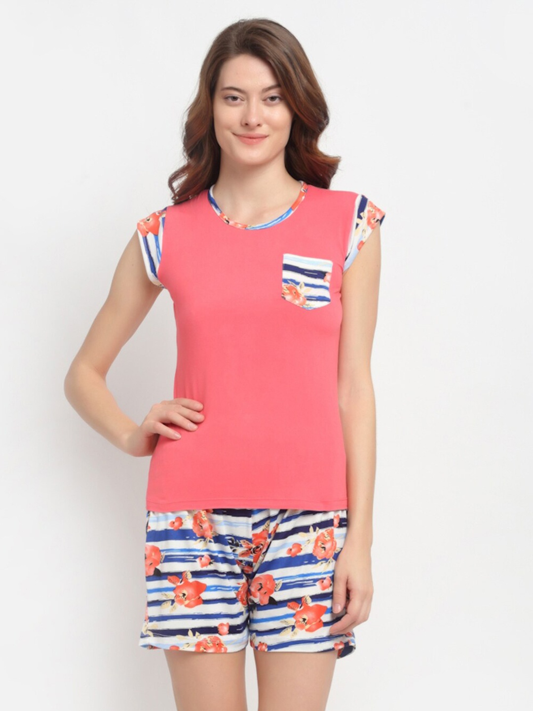 

NEUDIS Women Pink & Blue Solid Night suit