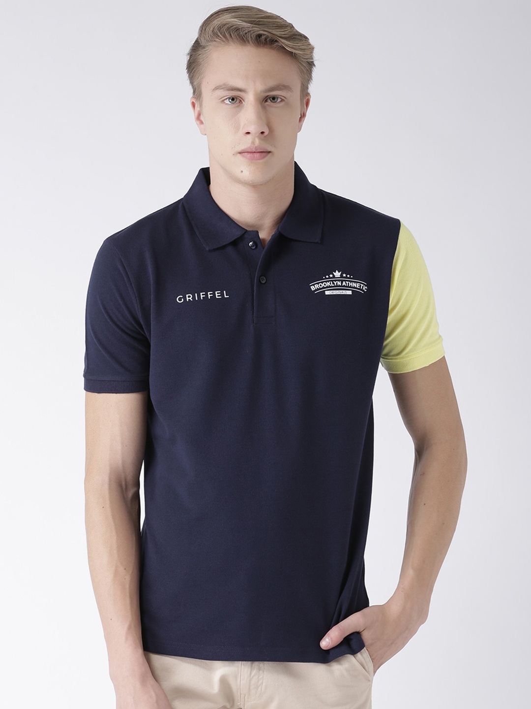 GRIFFEL Men Navy Blue & Yellow Solid Cotton Polo Collar T-shirt