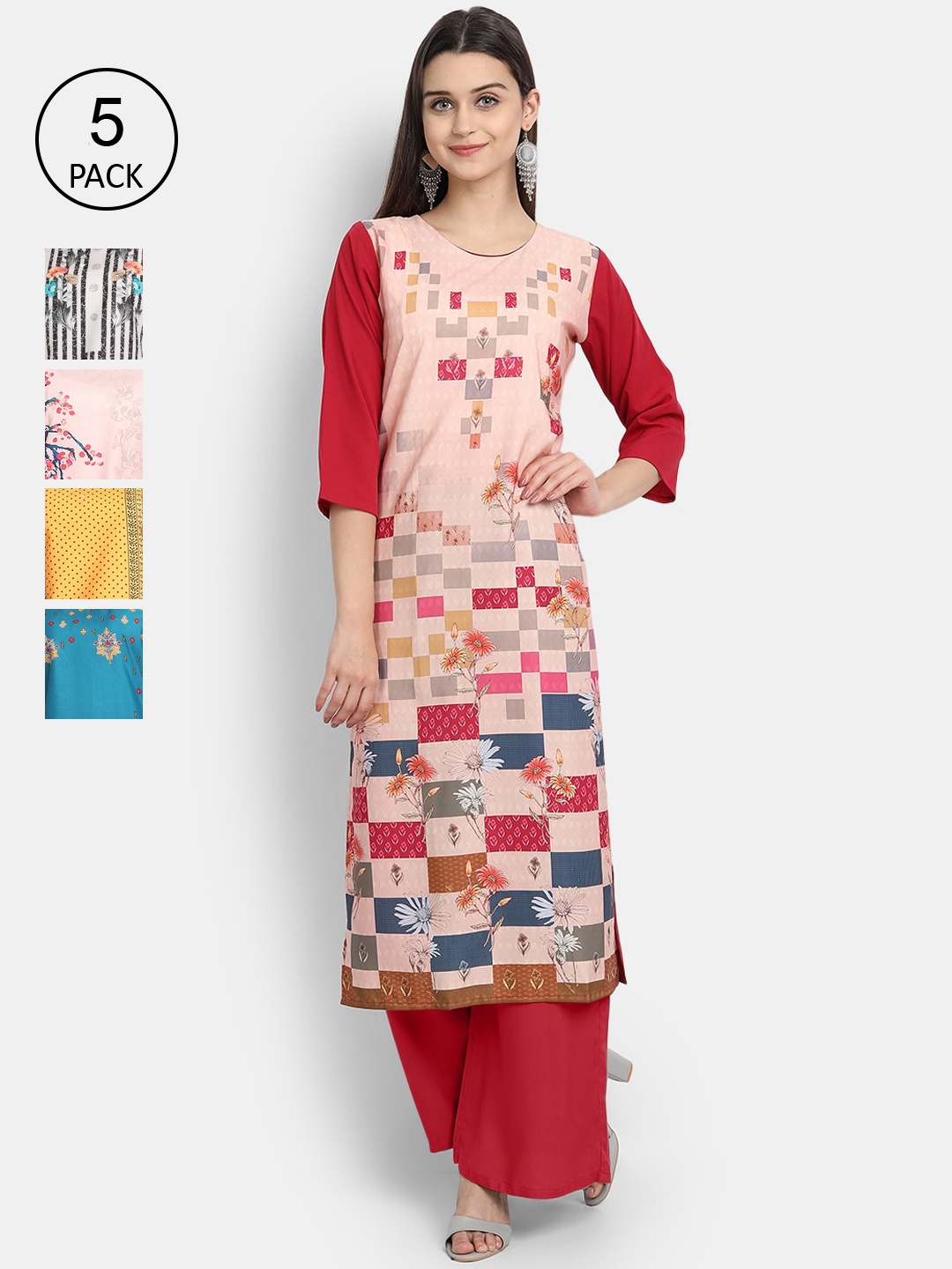 

Ethnic basket Women Pack Of 5 Printed Crepe Kurta, Pink