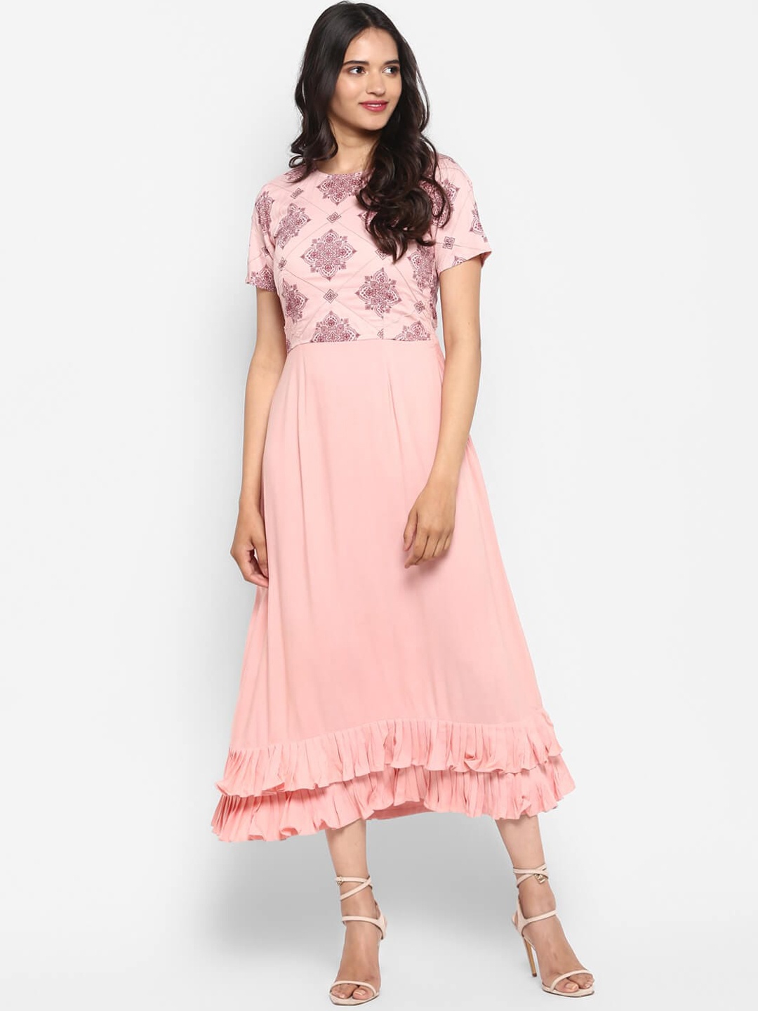 

DEEBACO Women Pink Printed Floral Fit And Flared Midi Dress