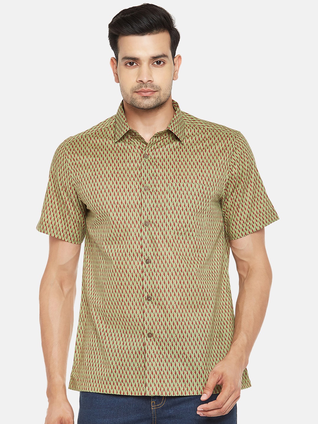 

indus route by Pantaloons Men Olive Green & Rust Orange Slim Fit Leaf Print Casual Shirt