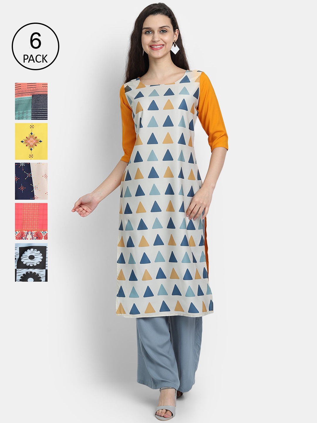 

Ethnic basket Women Pack Of 6 Printed Crepe Kurta, Yellow