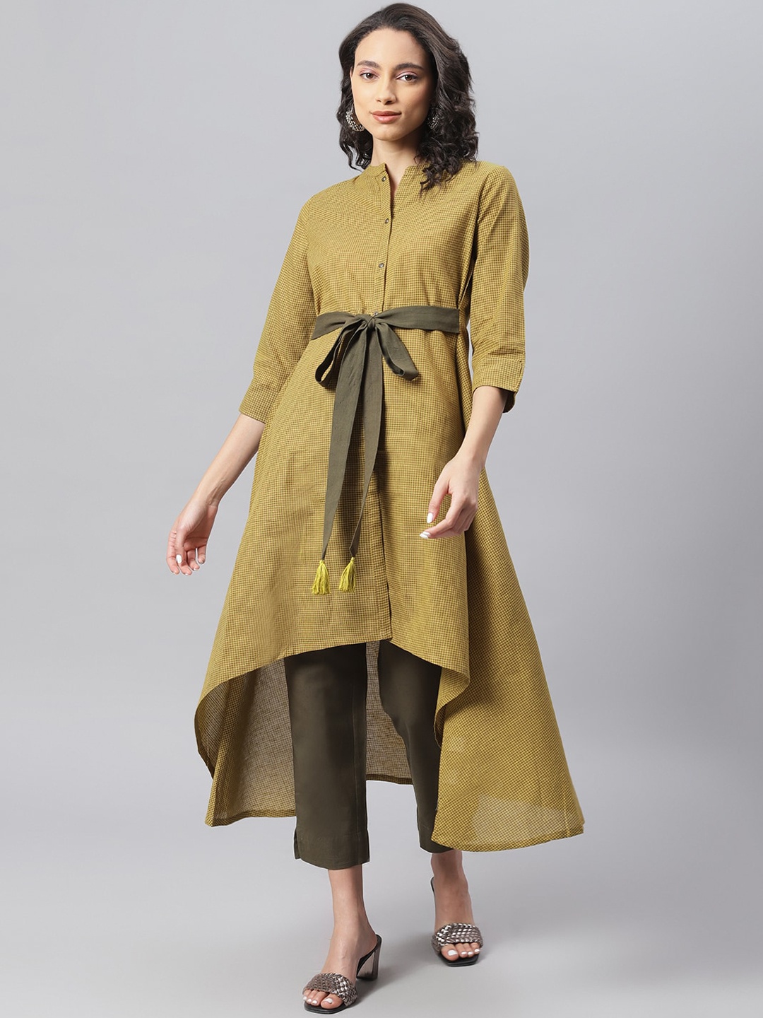 

Janasya Women Olive Green Checked Kurta