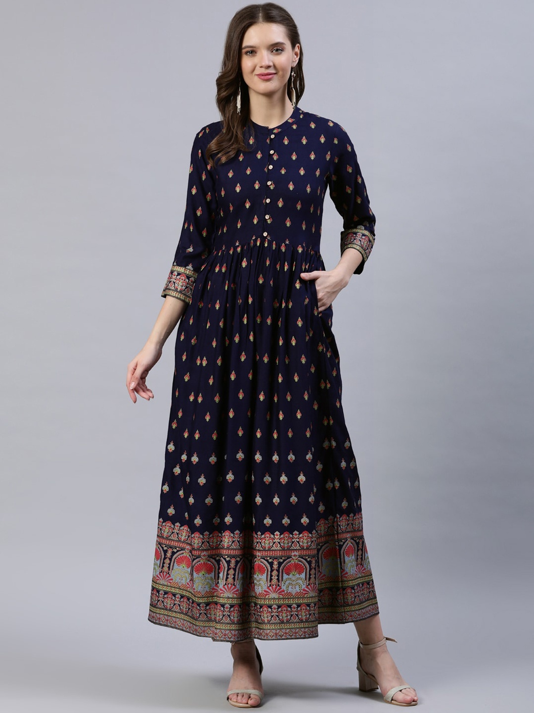 

Nayo Navy Blue & Peach-Coloured Ethnic Motifs Maxi Dress