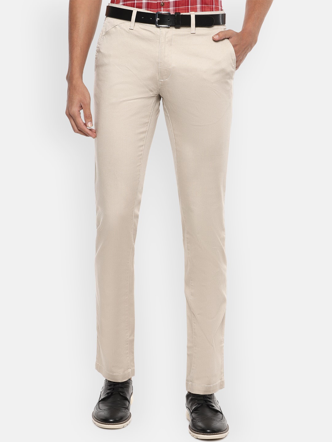 

V Dot Men Beige Checked Formal Trousers