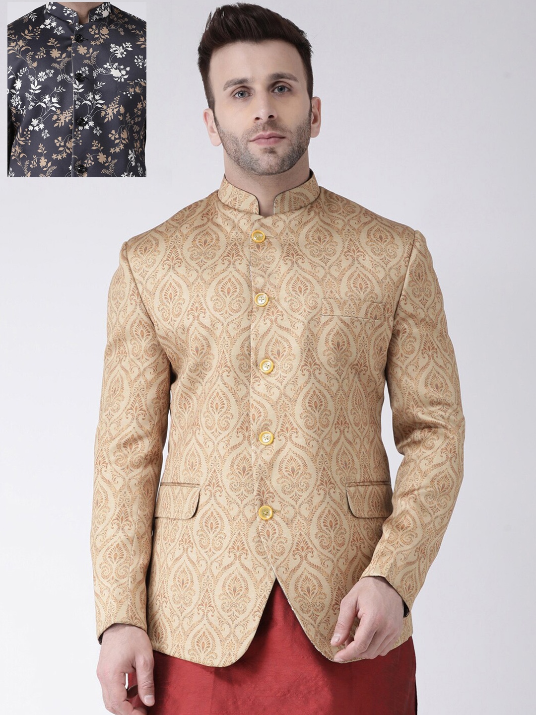 

Hangup Men Black & Beige Printed Reversible Bandhgala Blazer