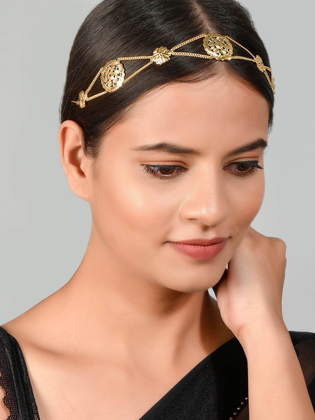 

Silvermerc Designs Gold-Plated White Stone-Studded Chand Rajasthani Sheeshpatti Temple Hairband