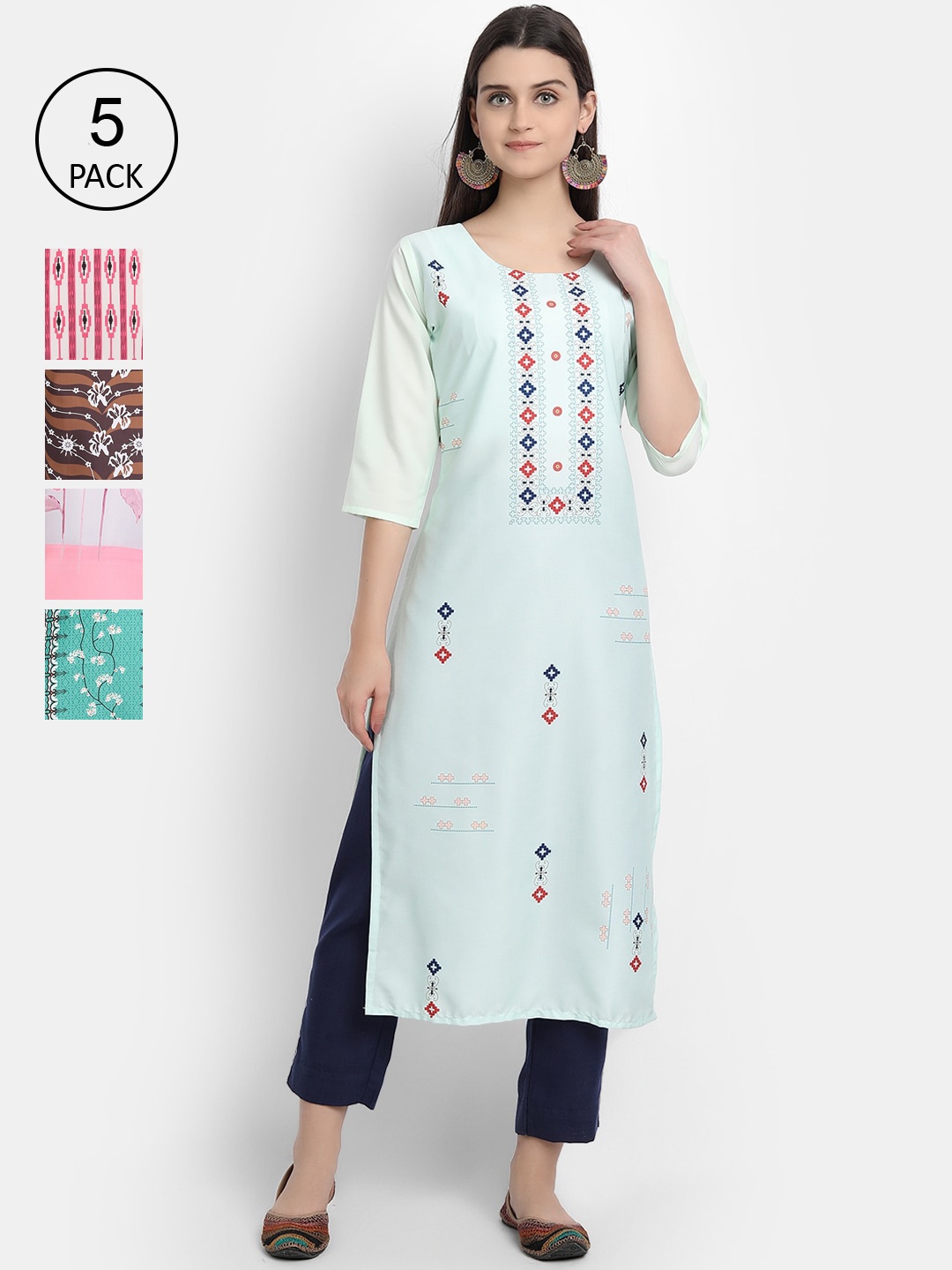 

Ethnic basket Women Set of 5 Multicoloured Ethnic Motifs Printed Crepe Kurta, Multi