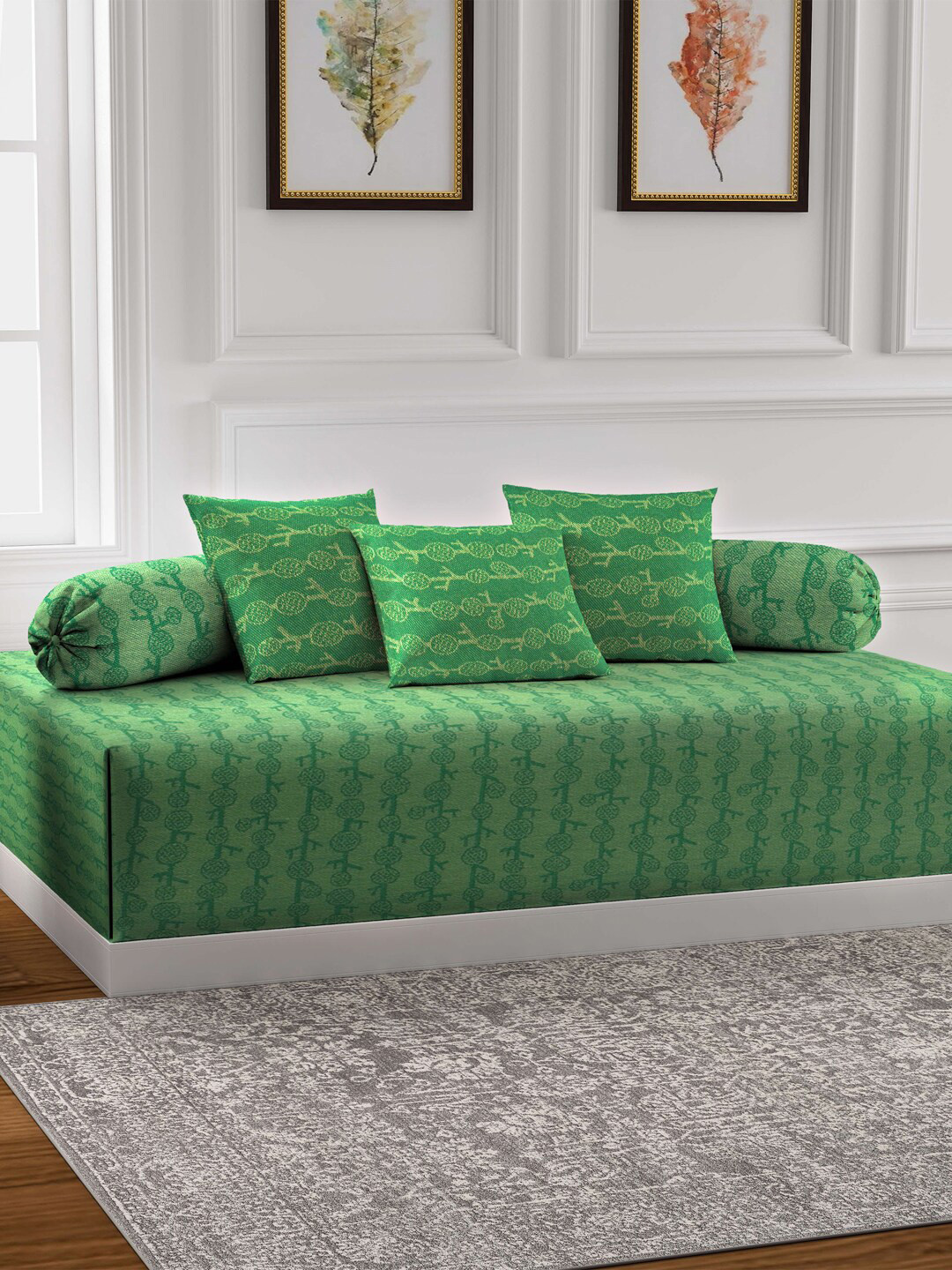 

KLOTTHE Set Of 6 Green Woven Design Cotton Single Bedsheet With Bolster & Cushion Covers