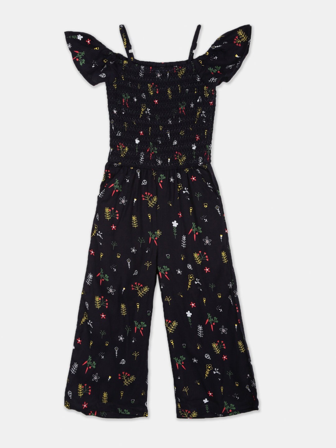 

Cherokee Girls Black & Red Floral Printed Smocked Basic Jumpsuit