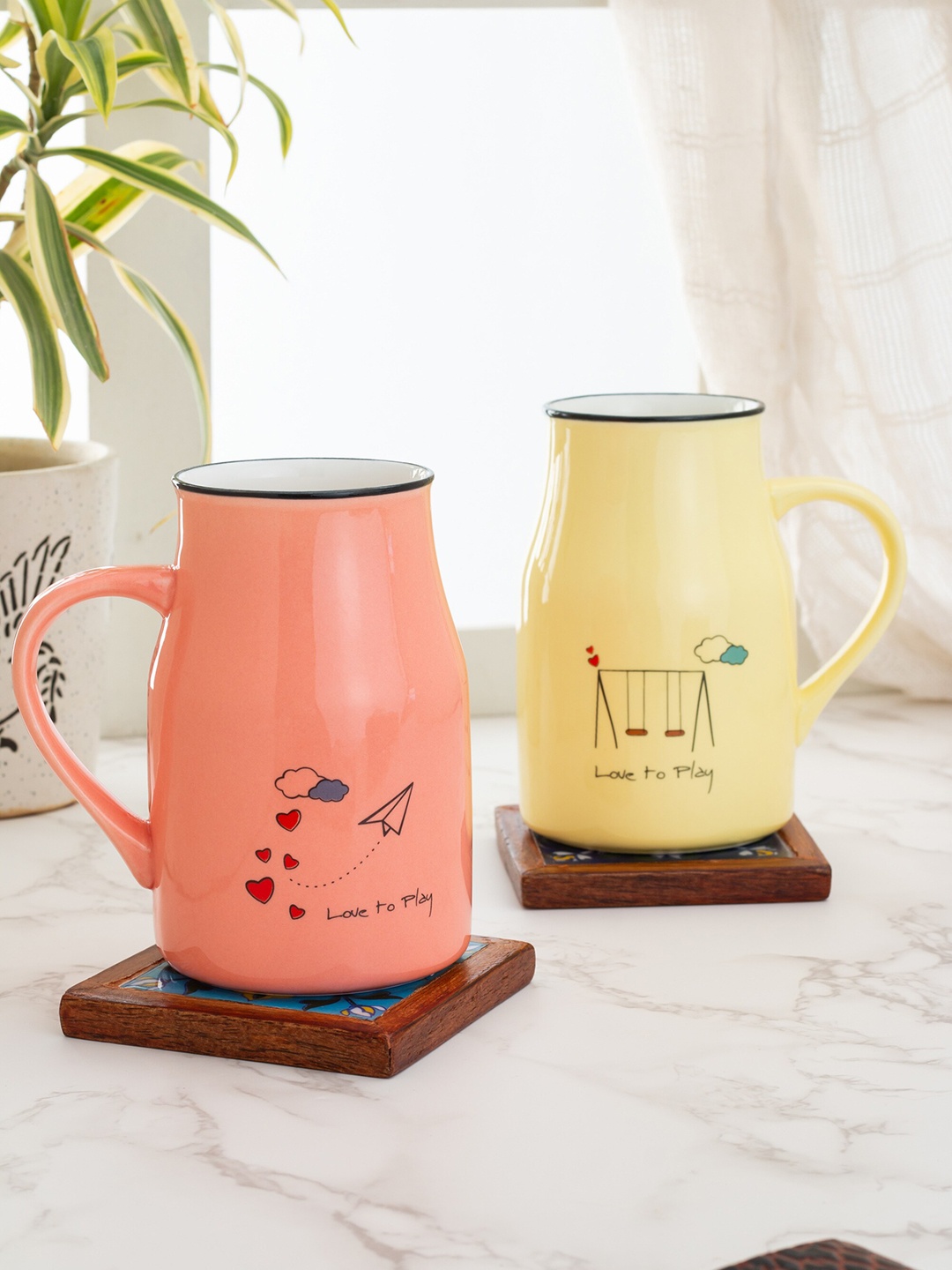 

JCPL Set of 2 Yellow & Peach-Coloured Printed Ceramic Mugs