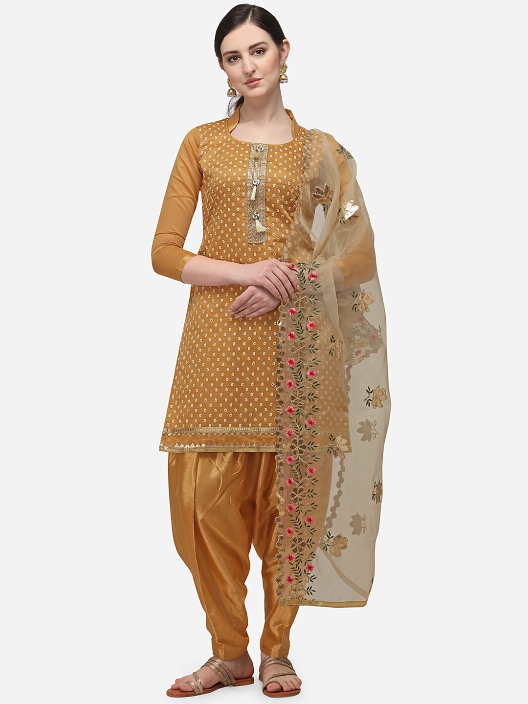 

Ethnic Junction Mustard Printed Silk Blend Unstitched Dress Material