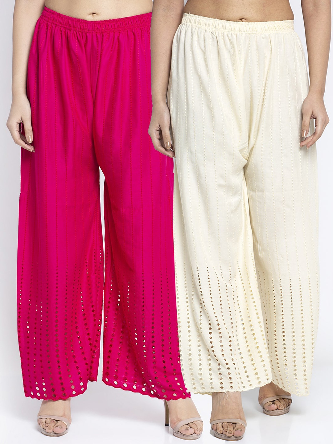 

GRACIT Women Pack Of 2 Pink & Cream-Coloured Embroidered Straight Palazzos