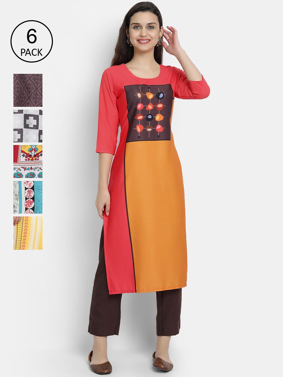 

Ethnic basket Women Pack of 6 Geometric Printed Crepe Kurta, Multi