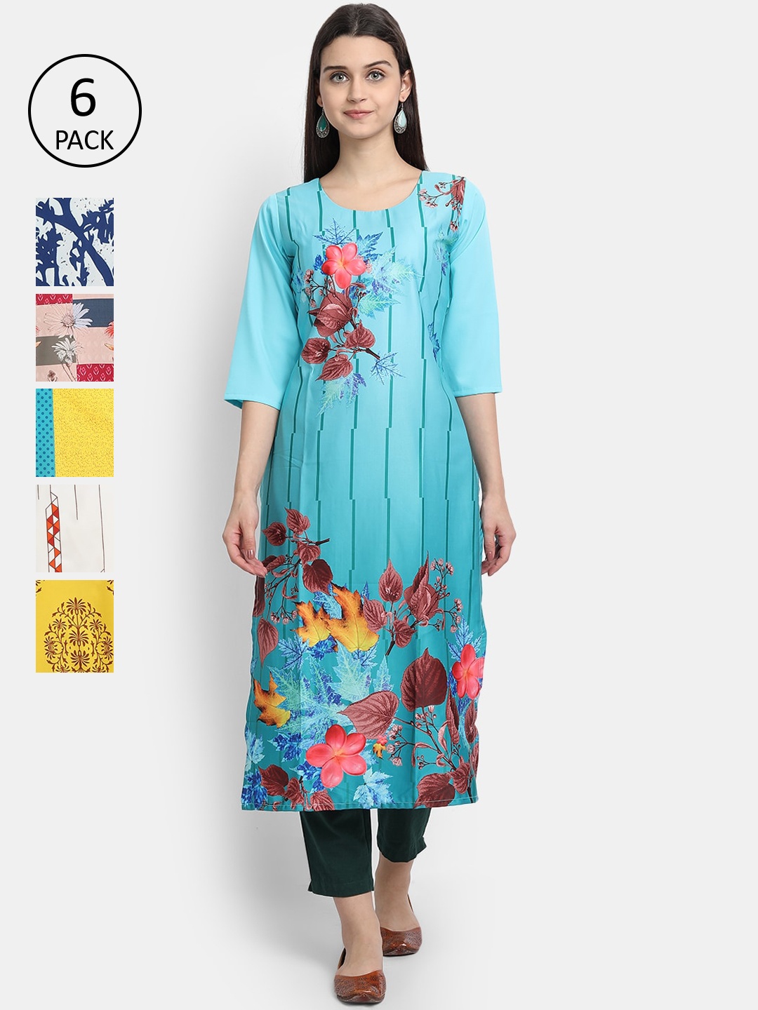 

Ethnic basket Women Pack Of 6 Printed Crepe Kurta, Blue