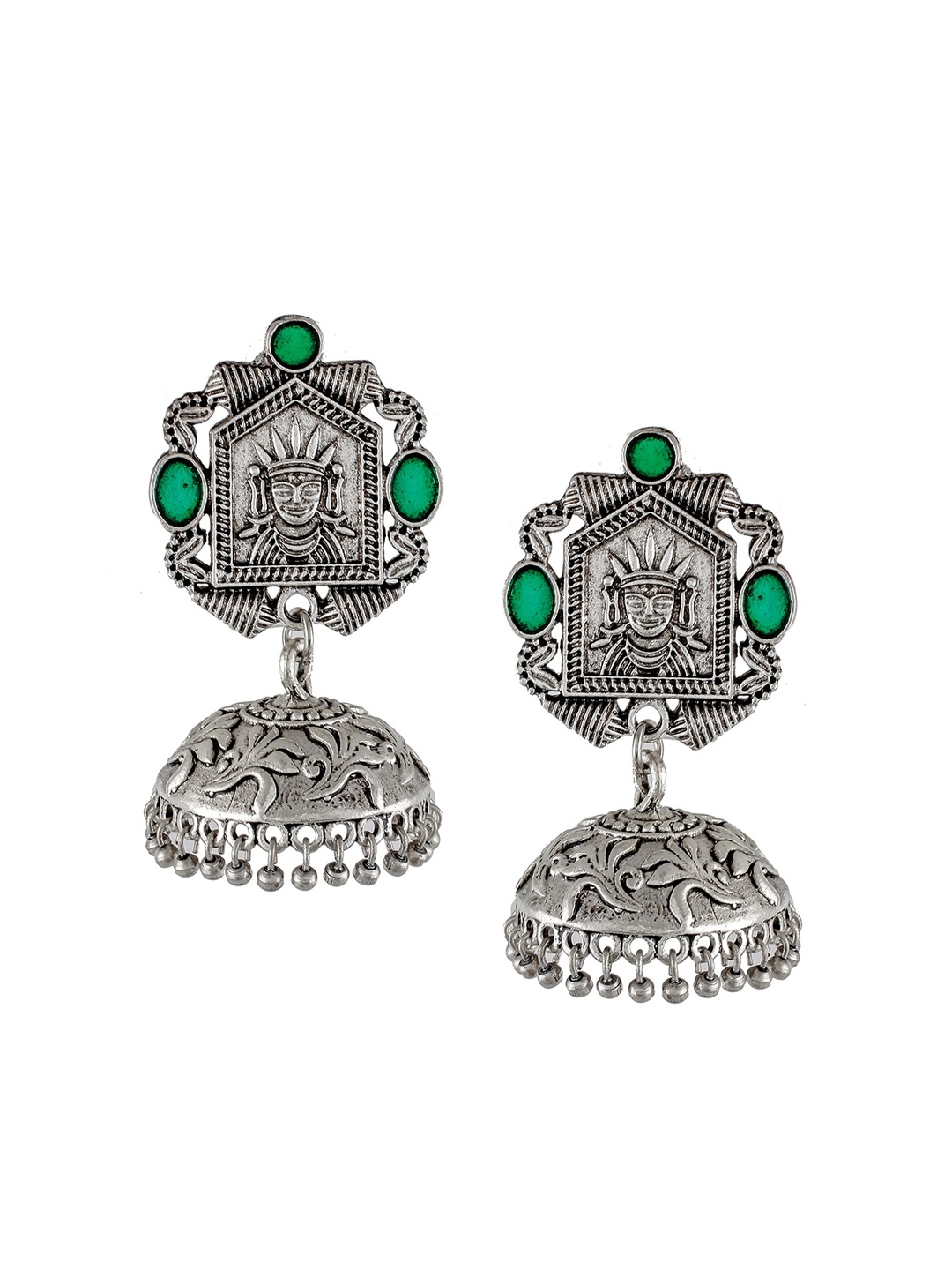 

Silvermerc Designs Oxidised Green Silver-Plated Dome Shaped Jhumkas