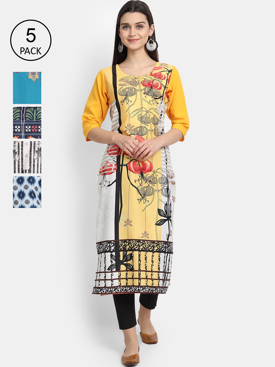 

Ethnic basket Women Pack Of 5 Printed Crepe Kurta, Yellow
