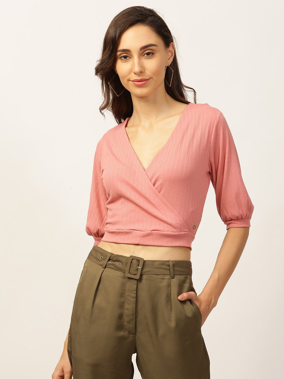 

ELLE Women Pink Solid V-Neck Wrap Top