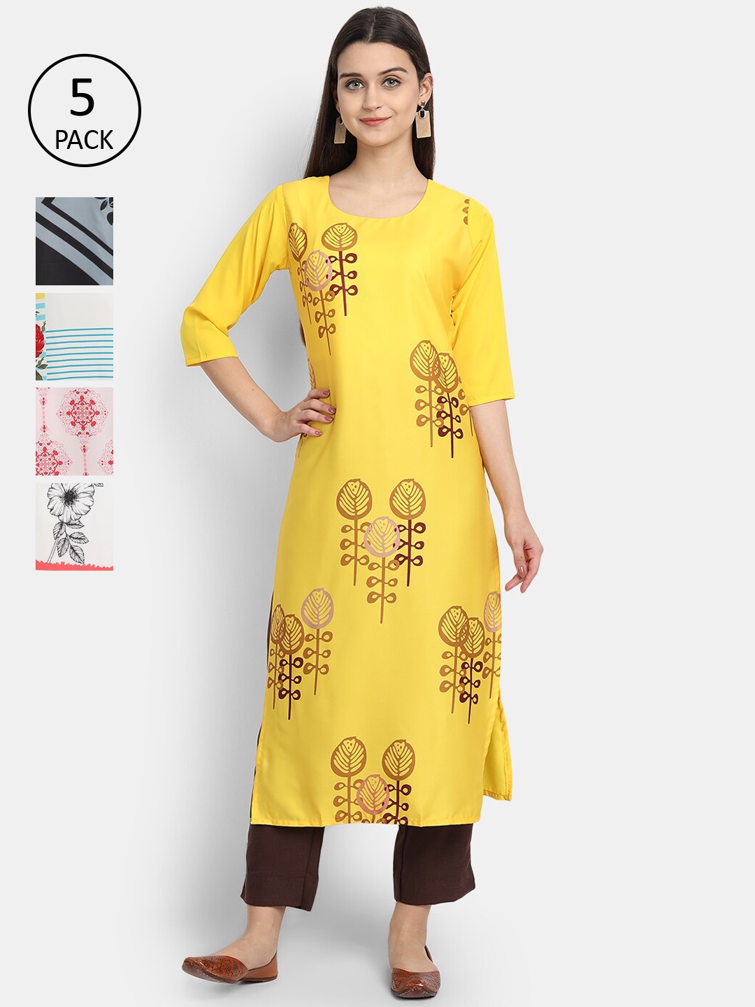 

Ethnic basket Women Pack Of 5 Multicoloured Floral Printed Crepe Kurtas, Multi