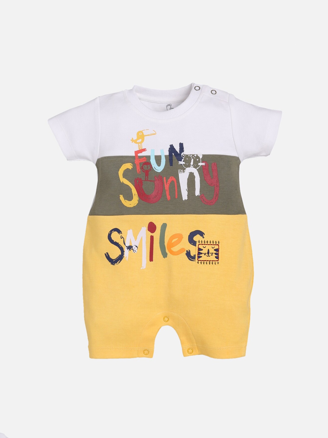 

BABY GO Infant Boys White & Yellow Printed Cotton Rompers