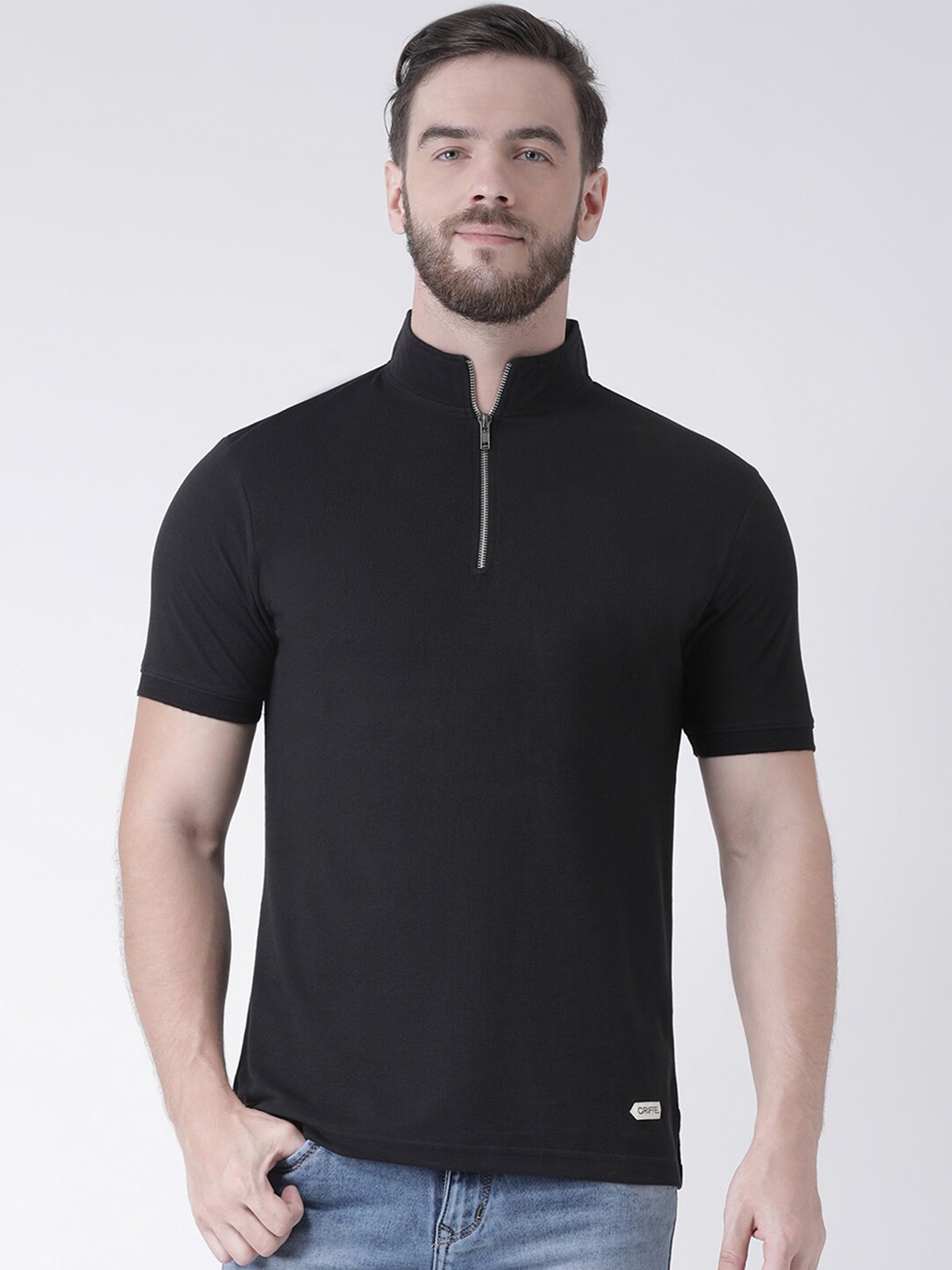 

GRIFFEL Men Black Solid Cotton High Neck T-shirt