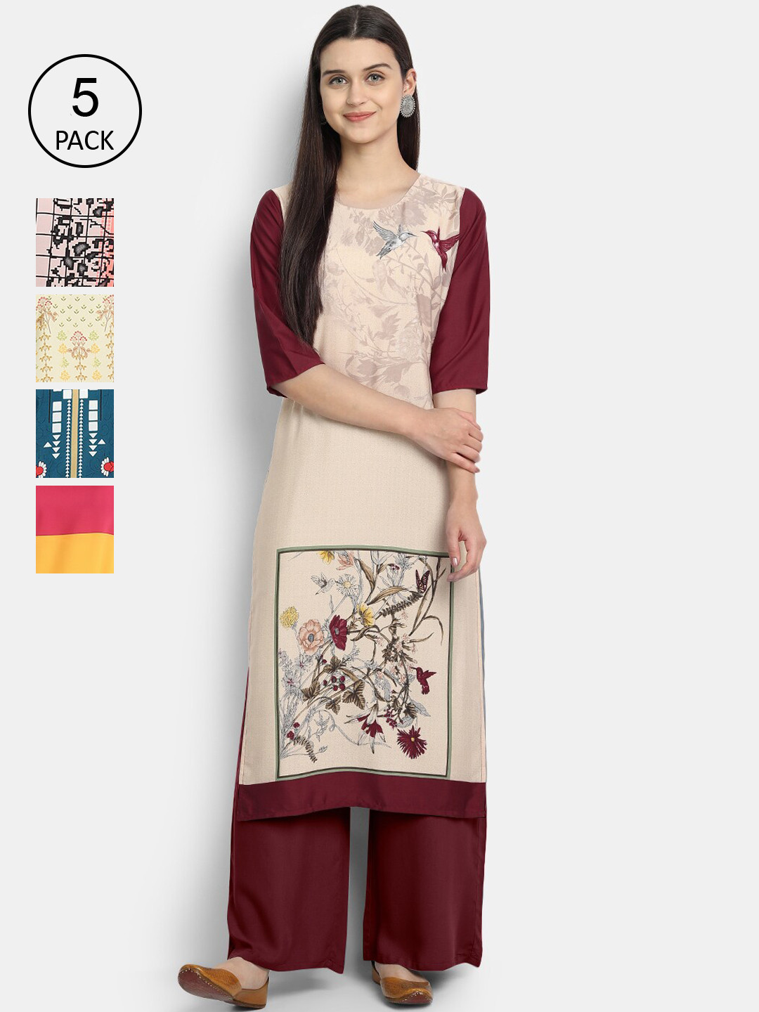 

Ethnic basket Women Pack Of 5 Multicoloured Floral Printed Crepe Kurtas, Multi
