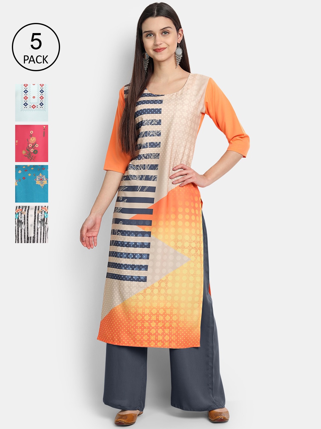 

Ethnic basket Women Set of 5 Multicoloured Ethnic Motifs Printed Crepe Kurta, Multi