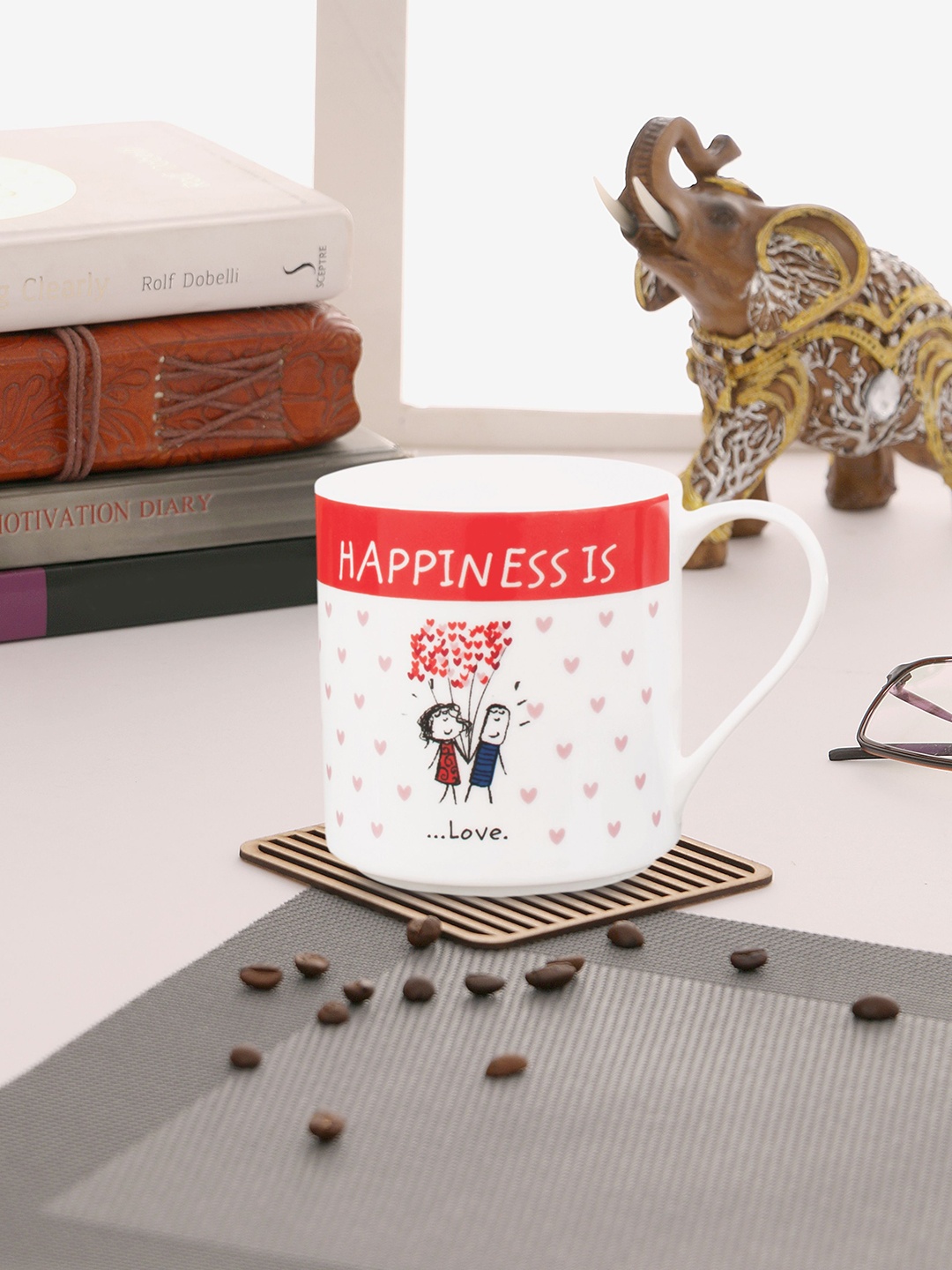 CLAY CRAFT Set of 2 White & Red Printed Ceramic Mugs