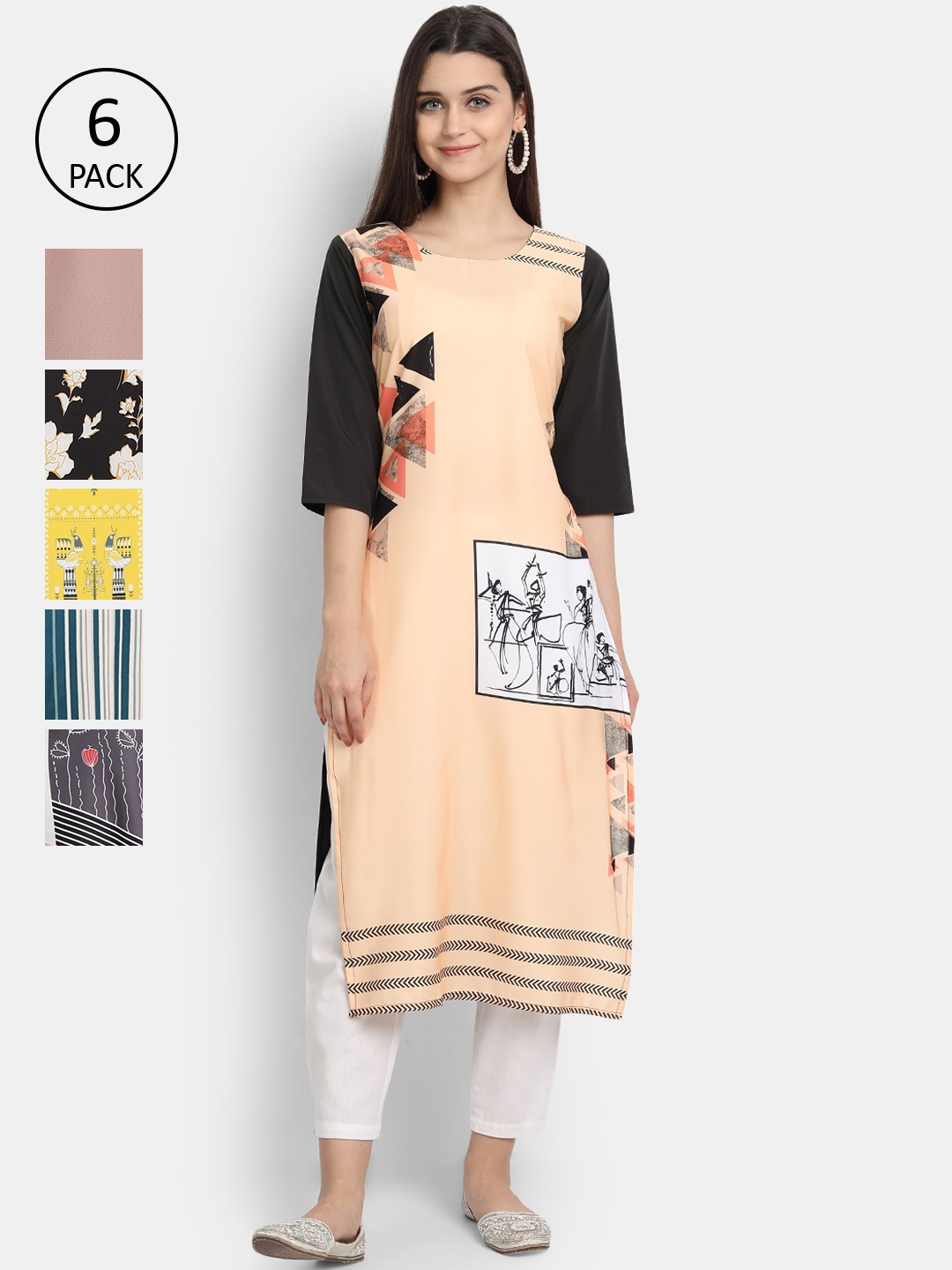 

Ethnic basket Women Pack of 6 Printed Crepe Kurta, Multi