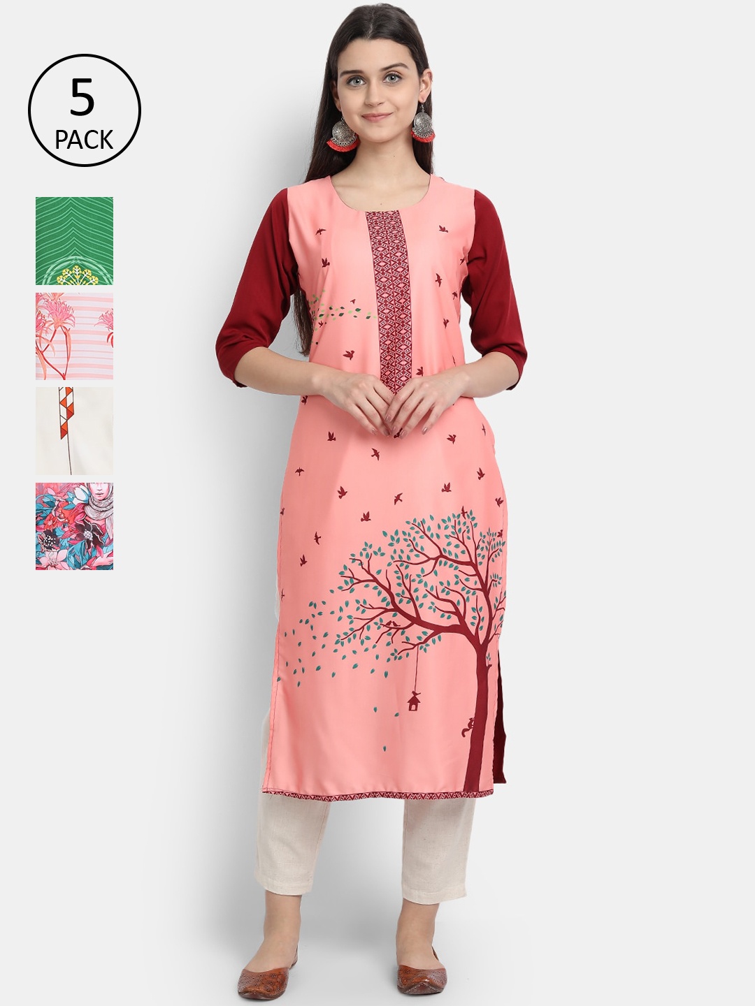 

Ethnic basket Women Pack Of 5 Multicoloured Floral Printed Crepe Kurtas, Multi
