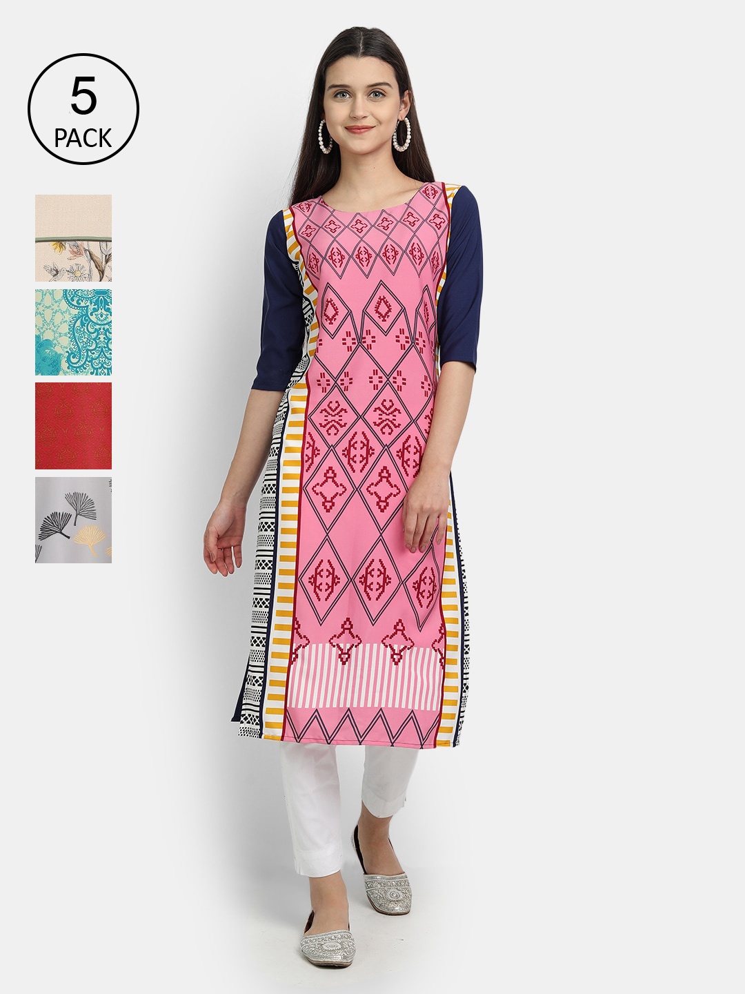 

Ethnic basket Women Pack of 5 Geometric Printed Crepe Kurta, Multi