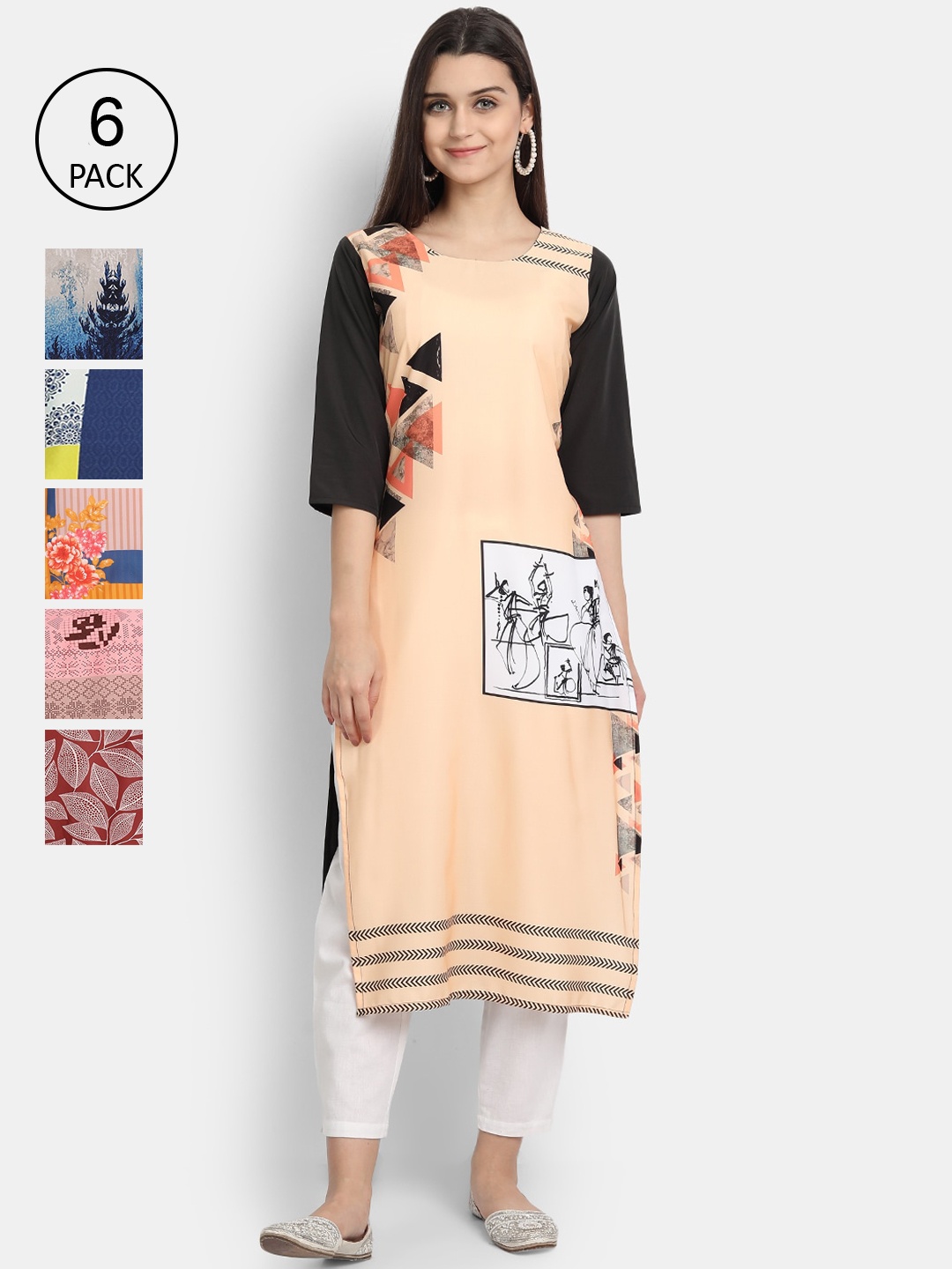 

Ethnic basket Women Pack Of 6 Ethnic Motifs Printed Crepe Kurta, Multi