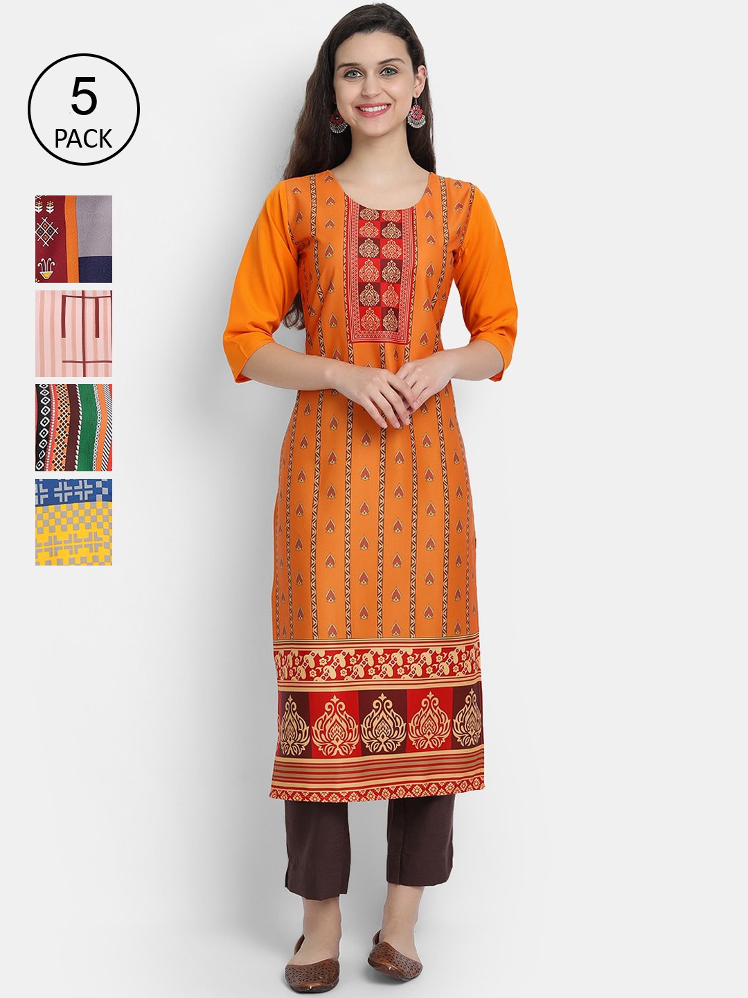 

Ethnic basket Women Pack Of 5 Ethnic Motifs Printed Crepe Kurta, Multi