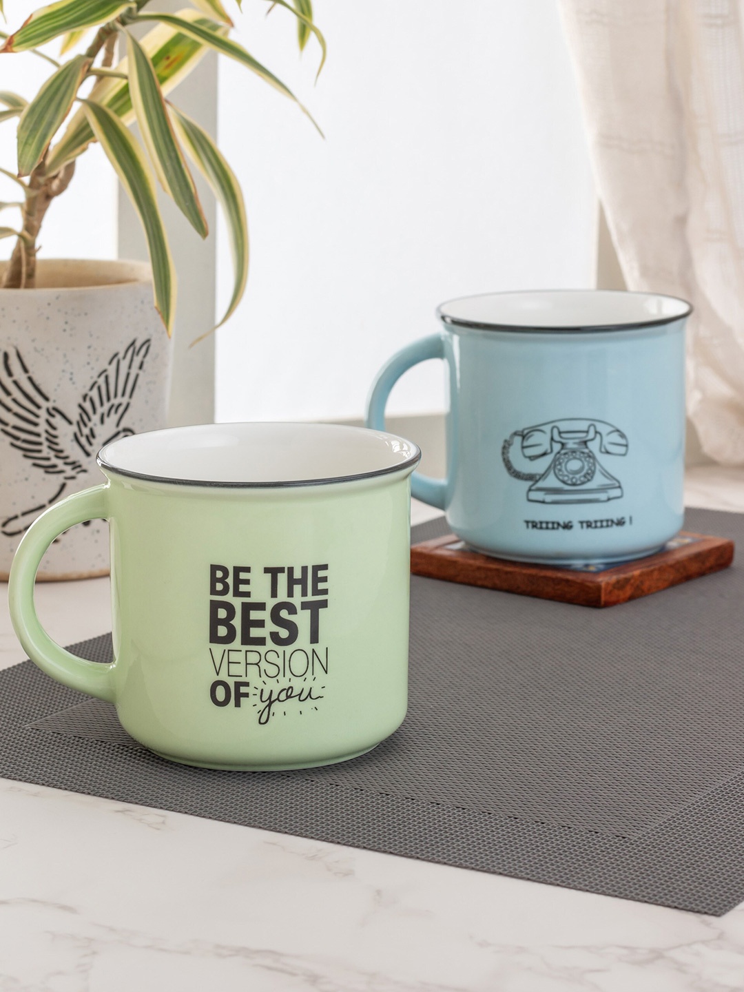 

JCPL 2 Pcs Green & BluePrinted Ceramic Mugs Set