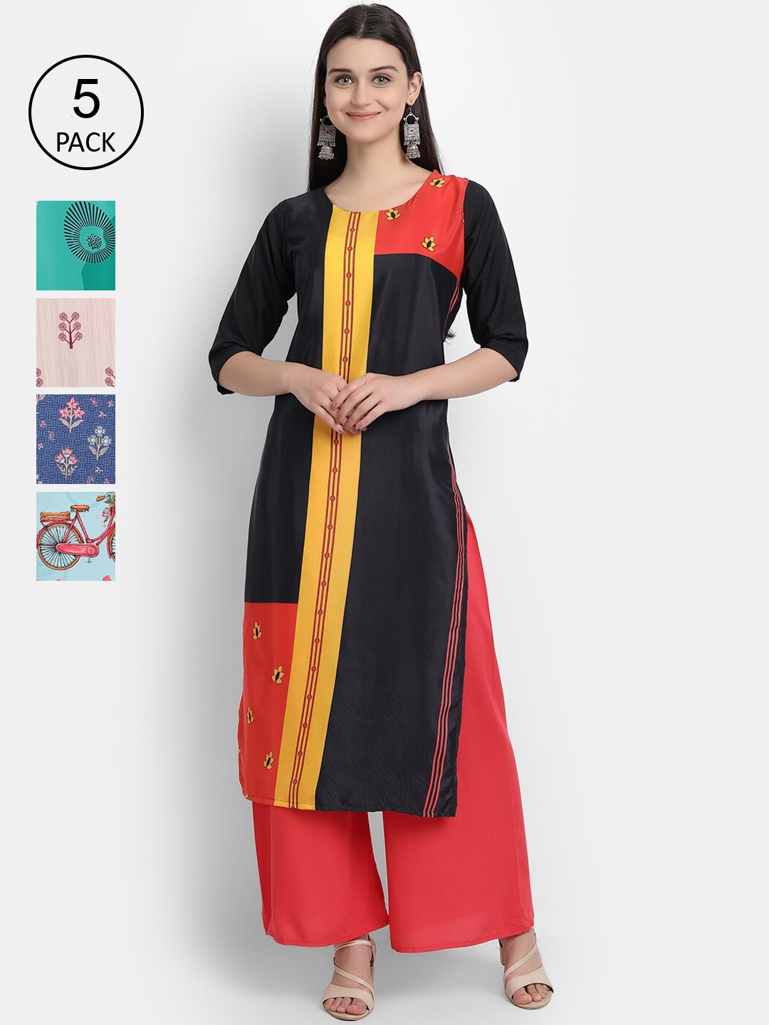 

Ethnic basket Pack of 5 Women Multicoloured Ethnic Motifs Printed Crepe Kurta, Multi
