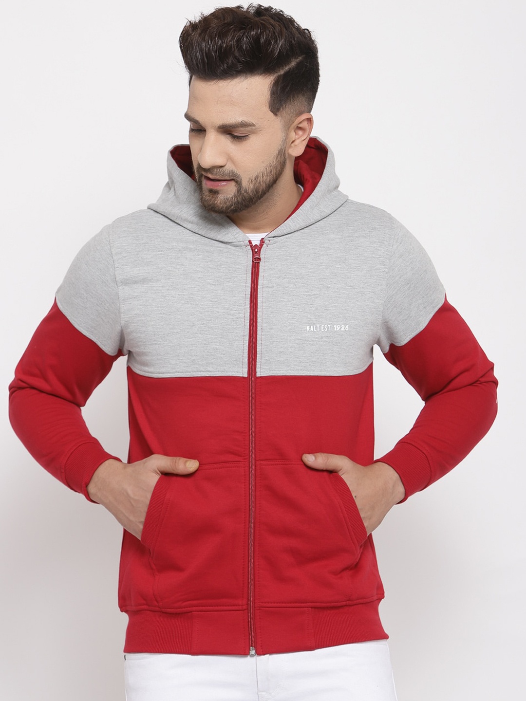 

Kalt Men Red & Grey Colourblocked Fleece Sweatshirts