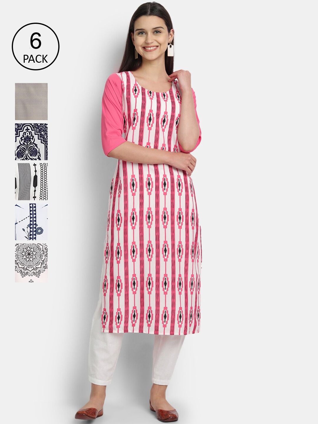 

Ethnic basket Women Pack of 6 Geometric Printed Crepe Kurta, Multi