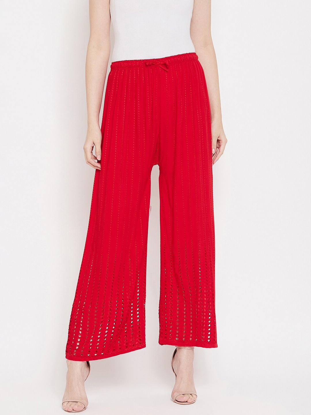 

Castle Women Red Embroidered Wide Leg Palazzos