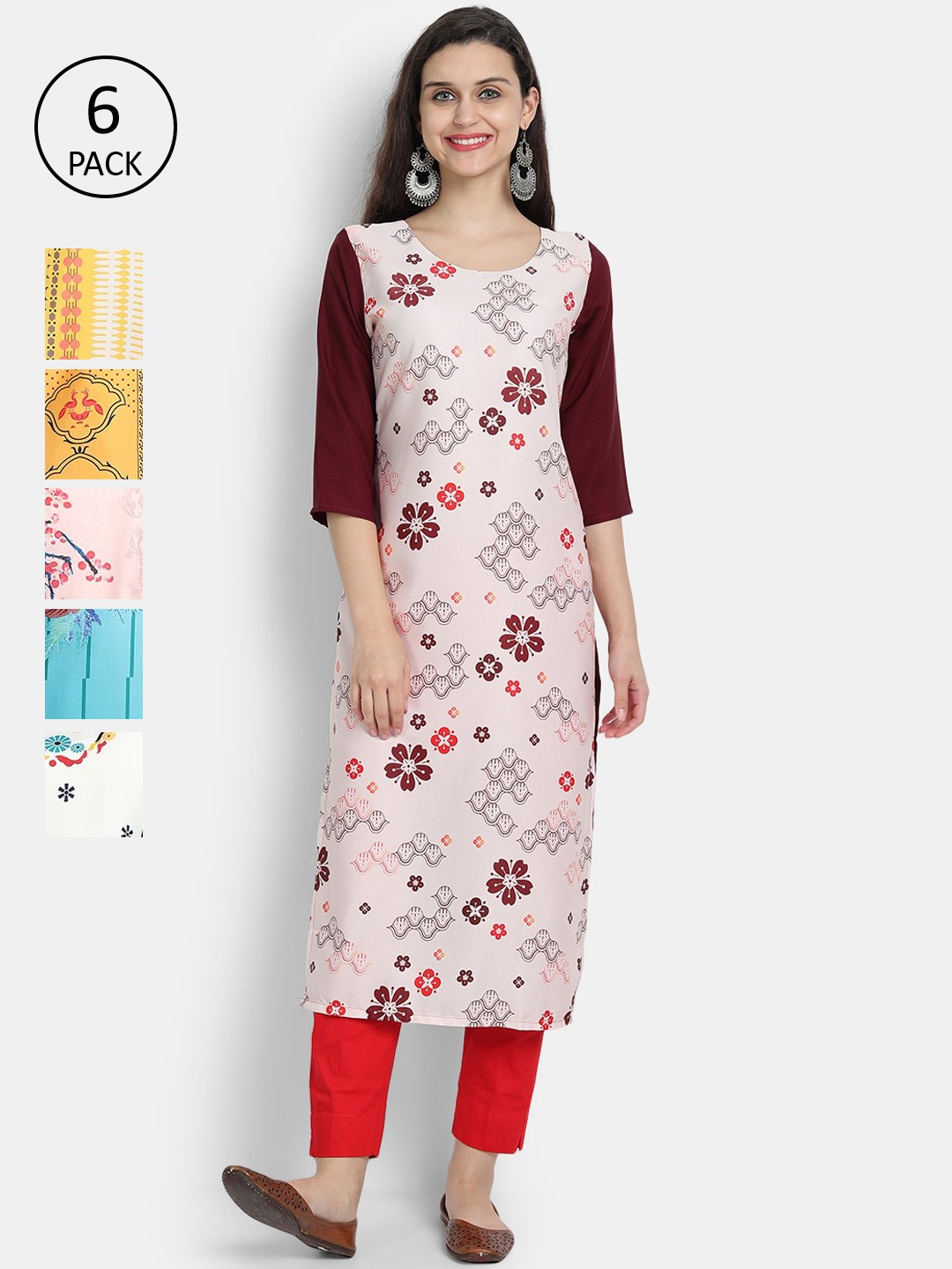 

Ethnic basket Women Pack of 6 Multicoloured Ethnic Motifs Printed Kurtas, Multi