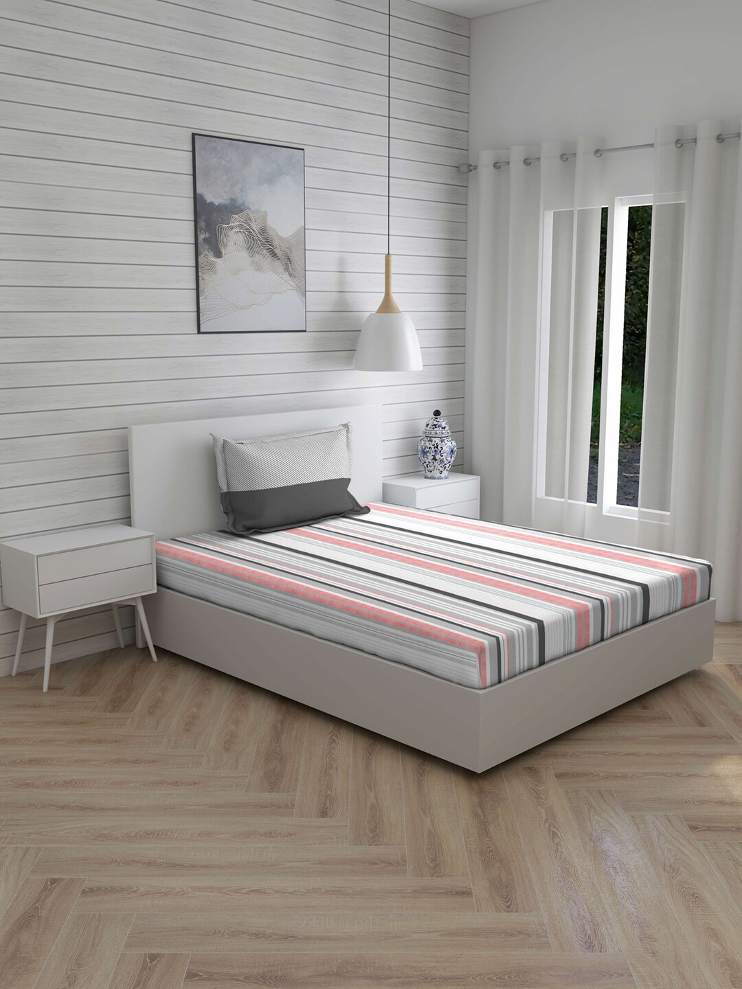 

Layers Pink & White Striped 140 TC Cotton 1 Single Bedsheet with 1 Pillow Covers