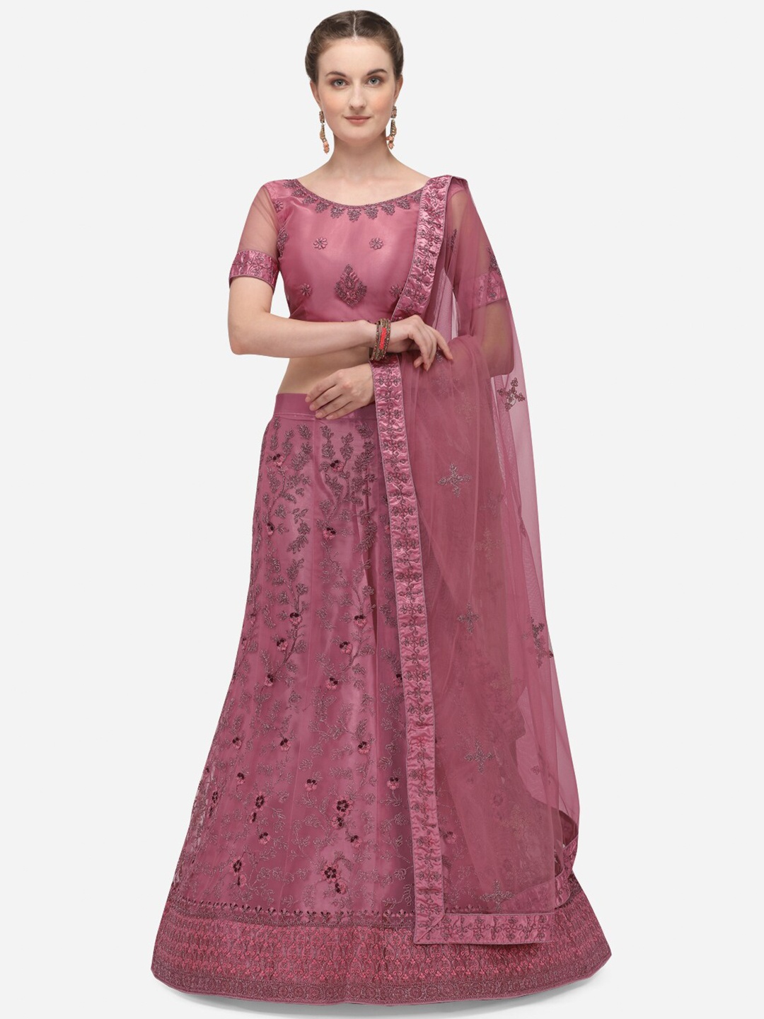 

Netram Pink & Gunmetal-Toned Embroidered Semi-Stitched Lehenga & Unstitched Blouse with Dupatta