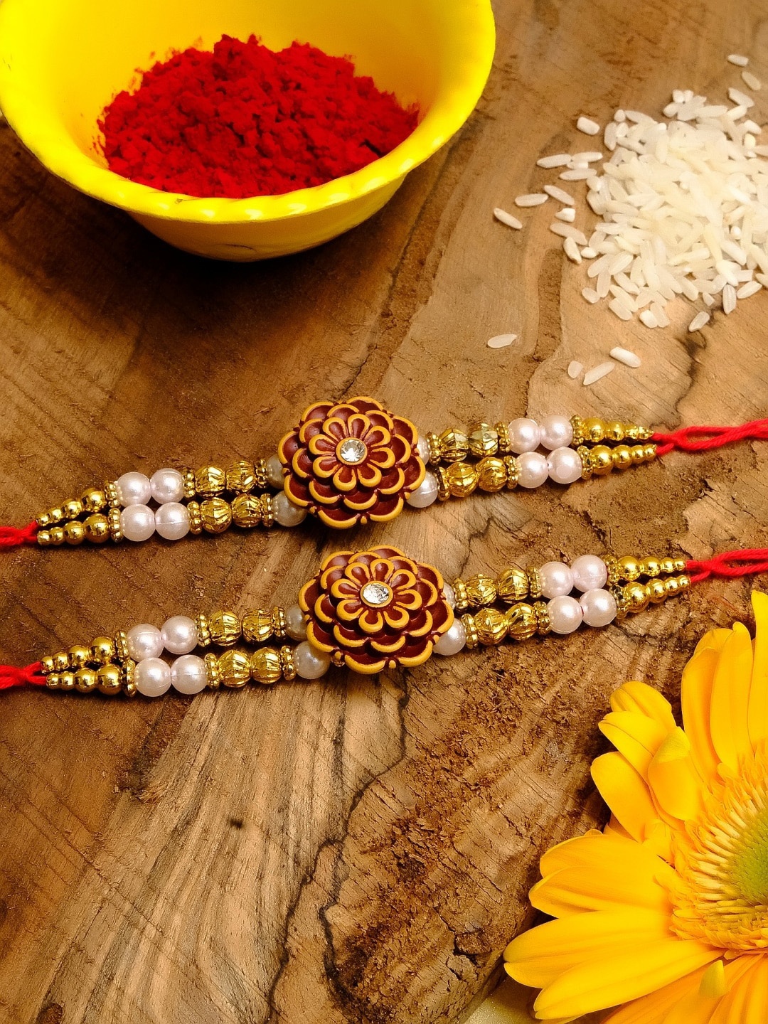 

Crunchy Fashion Men Set of 2 Red & White Stone-Studded & Beaded Floral Rakhi