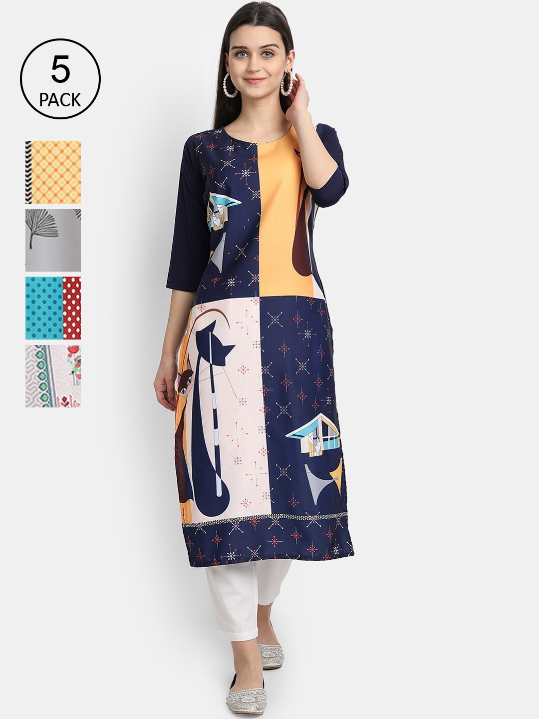 

Ethnic basket Women Set of 5 Multicoloured Ethnic Motifs Printed Crepe Kurta, Multi