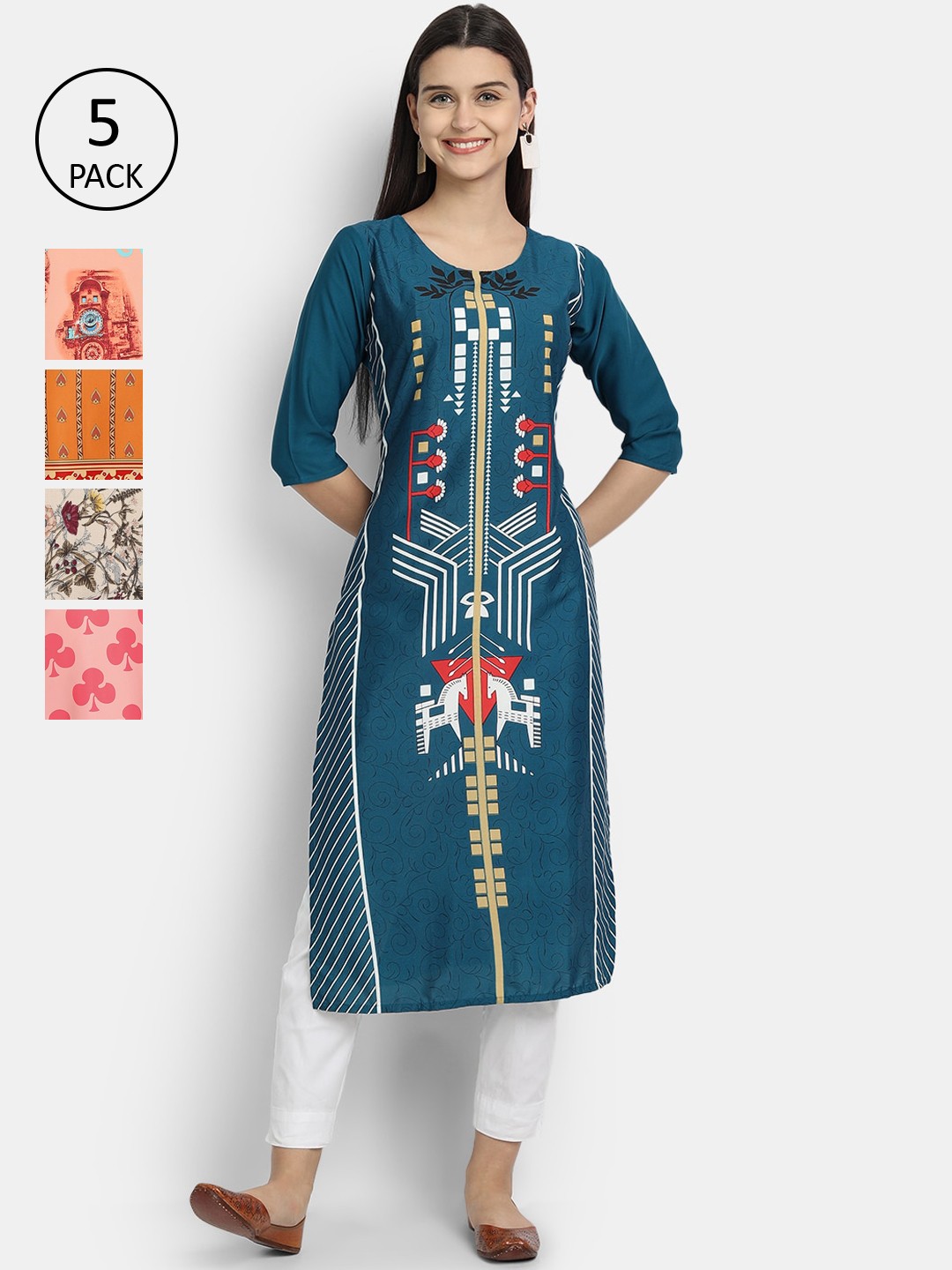 

Ethnic basket Women Pack of 5 Multicoloured Printed Crepe Kurtas, Multi