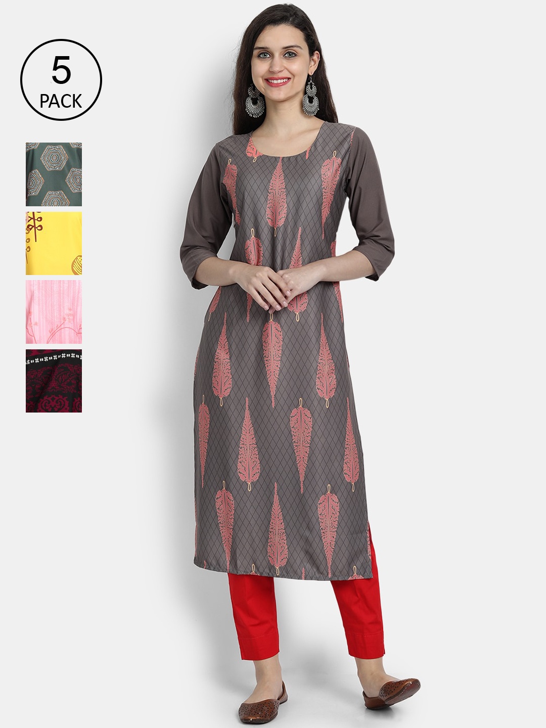 

Ethnic basket Women Pack of 5 Ethnic Motifs Printed Crepe Kurta, Yellow