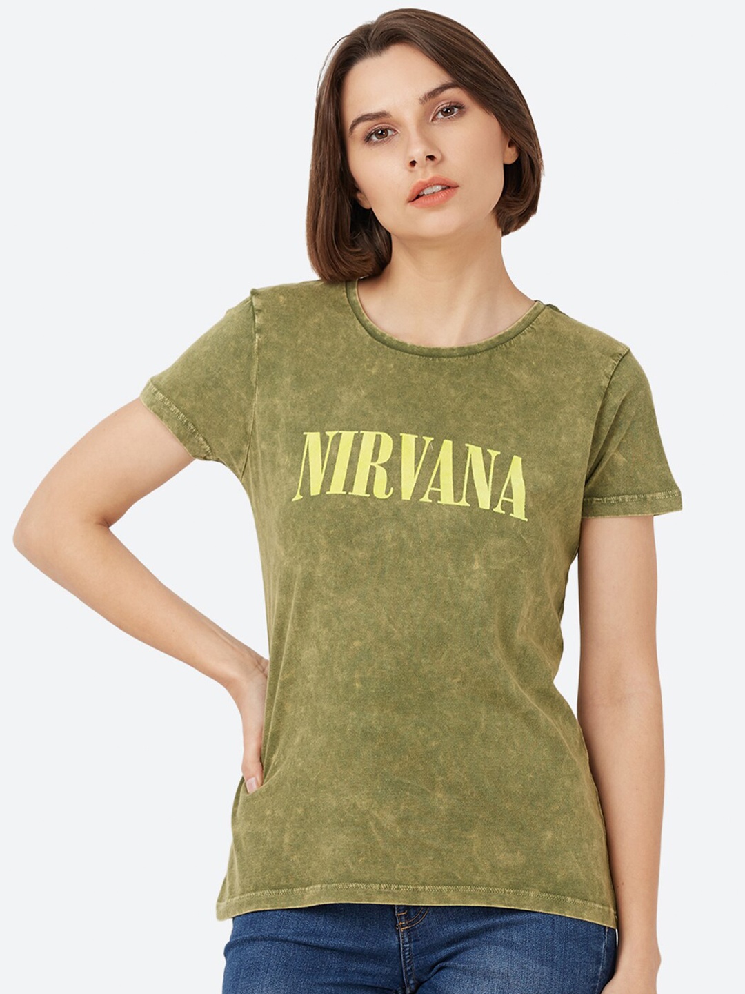 

Free Authority Women Olive Green Nirvana Printed Cotton T-shirt