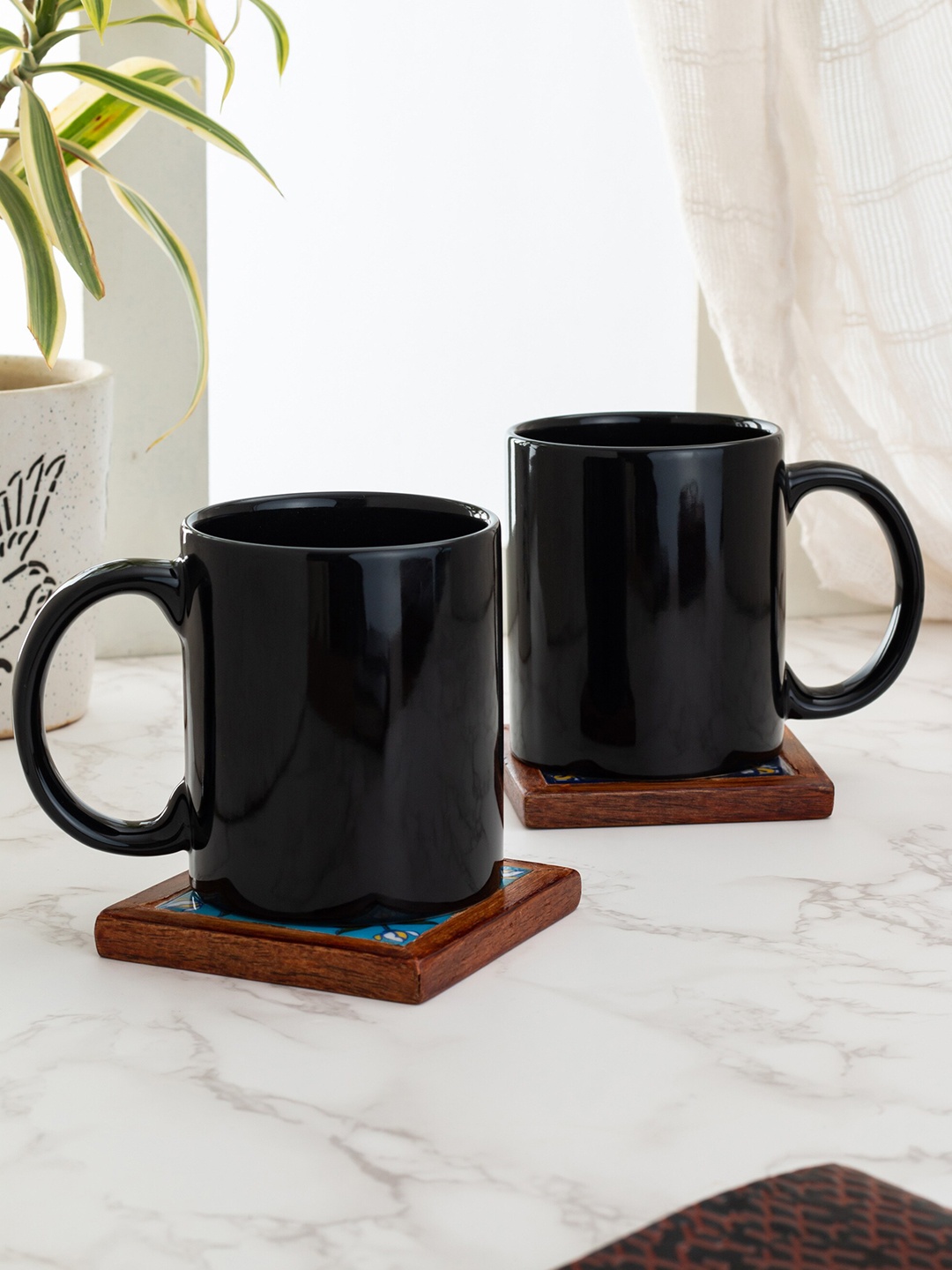 CLAY CRAFT Set of 2 Black Solid Ceramic Mugs 320 ml